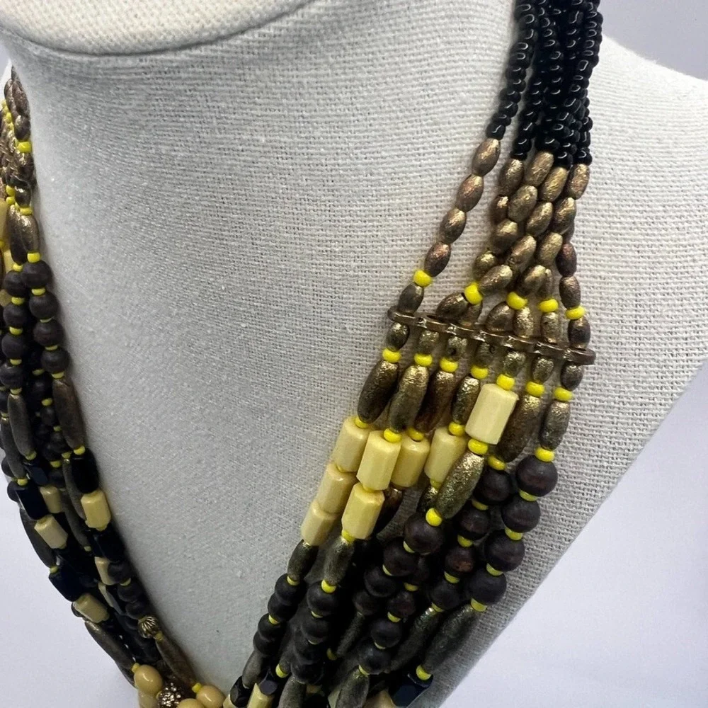 Vintage Boho Multi-Strand Necklace Yellow Black Natural Wood Seed‎ Beads Earthy